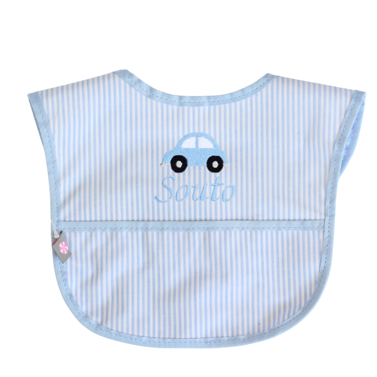 【選べるモチーフ+名入れ刺繍】お食事ビブ（スタイ）blue stripe
