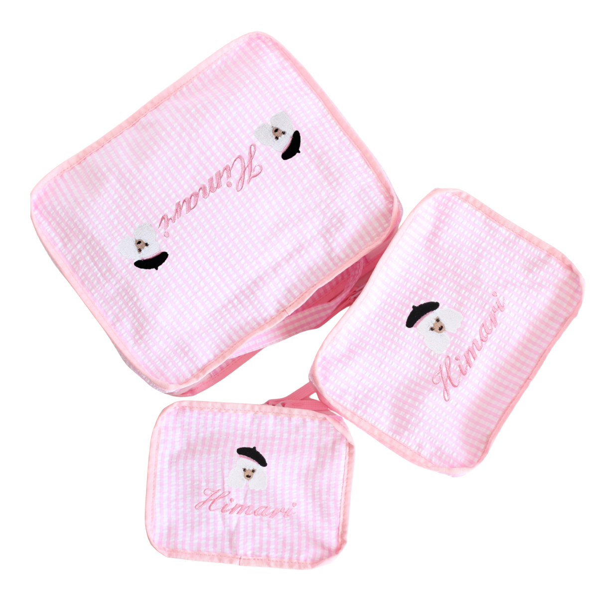 【選べるモチーフ】スタッキングポーチ３点セットPink Check Seersucker