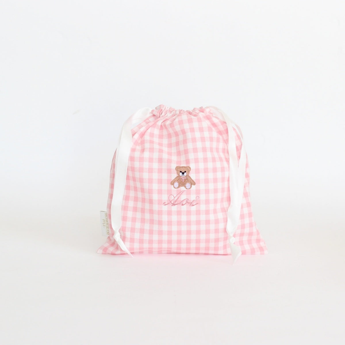 【選べるモチーフ＋名入れ刺繍】巾着袋Sドローストリングバッグ（チェック柄ピンク）