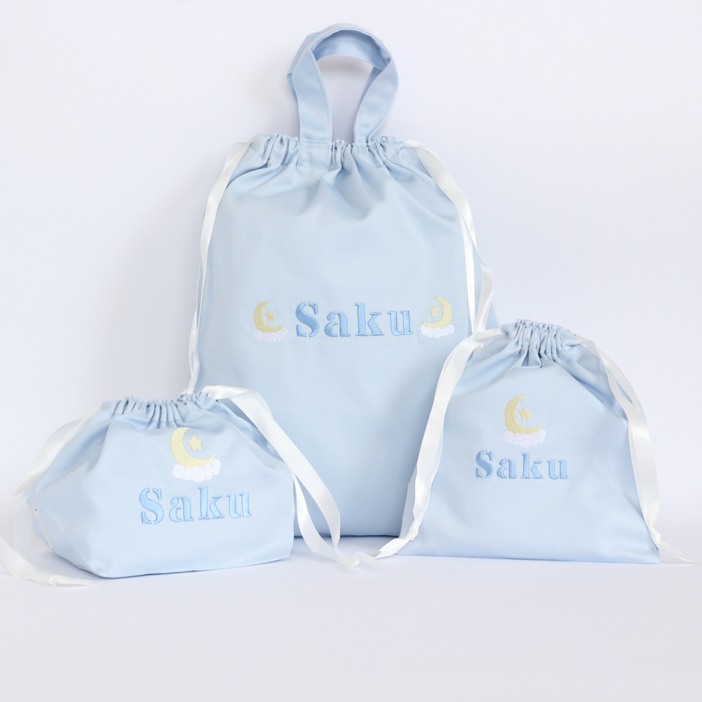 【ムーン🌙＆スター⭐+名入れ刺繍】巾着袋3種類セット（4色）