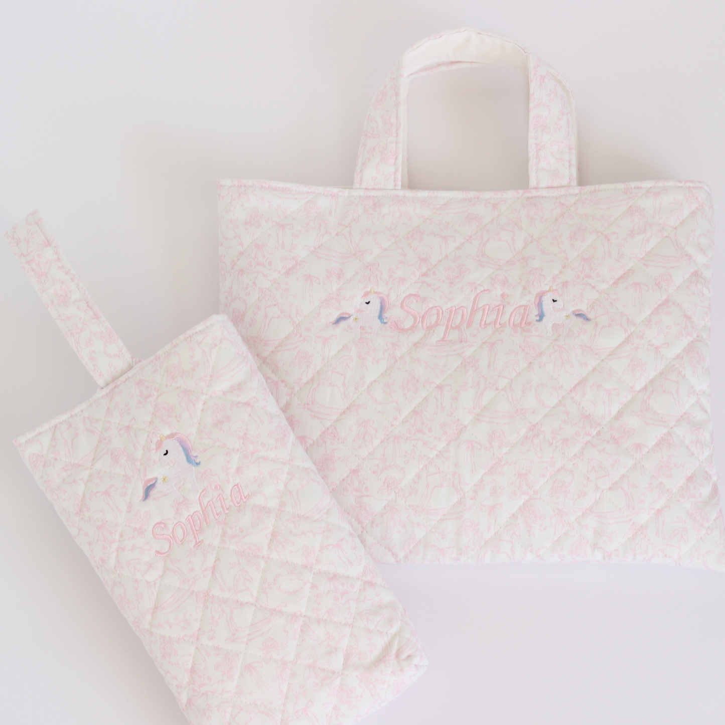 【選べるモチーフ+名入れ刺繍】トワルドジュイ柄レッスンバッグ（絵本袋）シューズバッグ（靴袋）セット　パウダーピンク