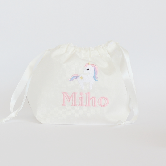 【ユニコーン+名入れ刺繍】巾着袋Mマチ付きドローストリングバッグ（4色）