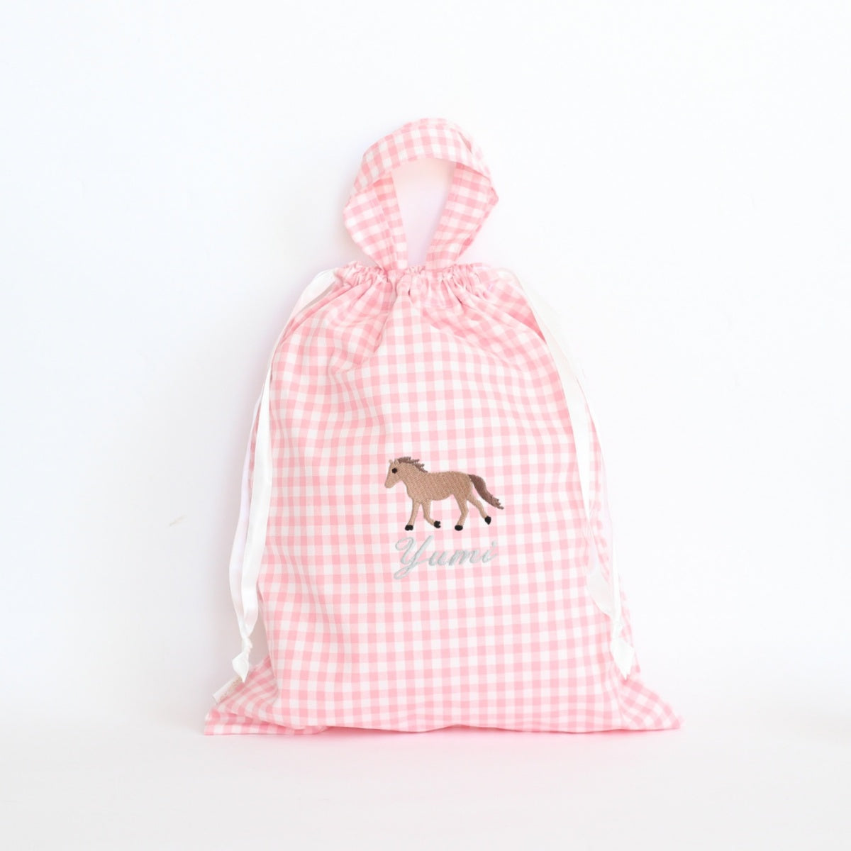 【選べるモチーフ＋名入れ刺繍】巾着L持ち手付きドローストリングバッグ（チェック柄ピンク）