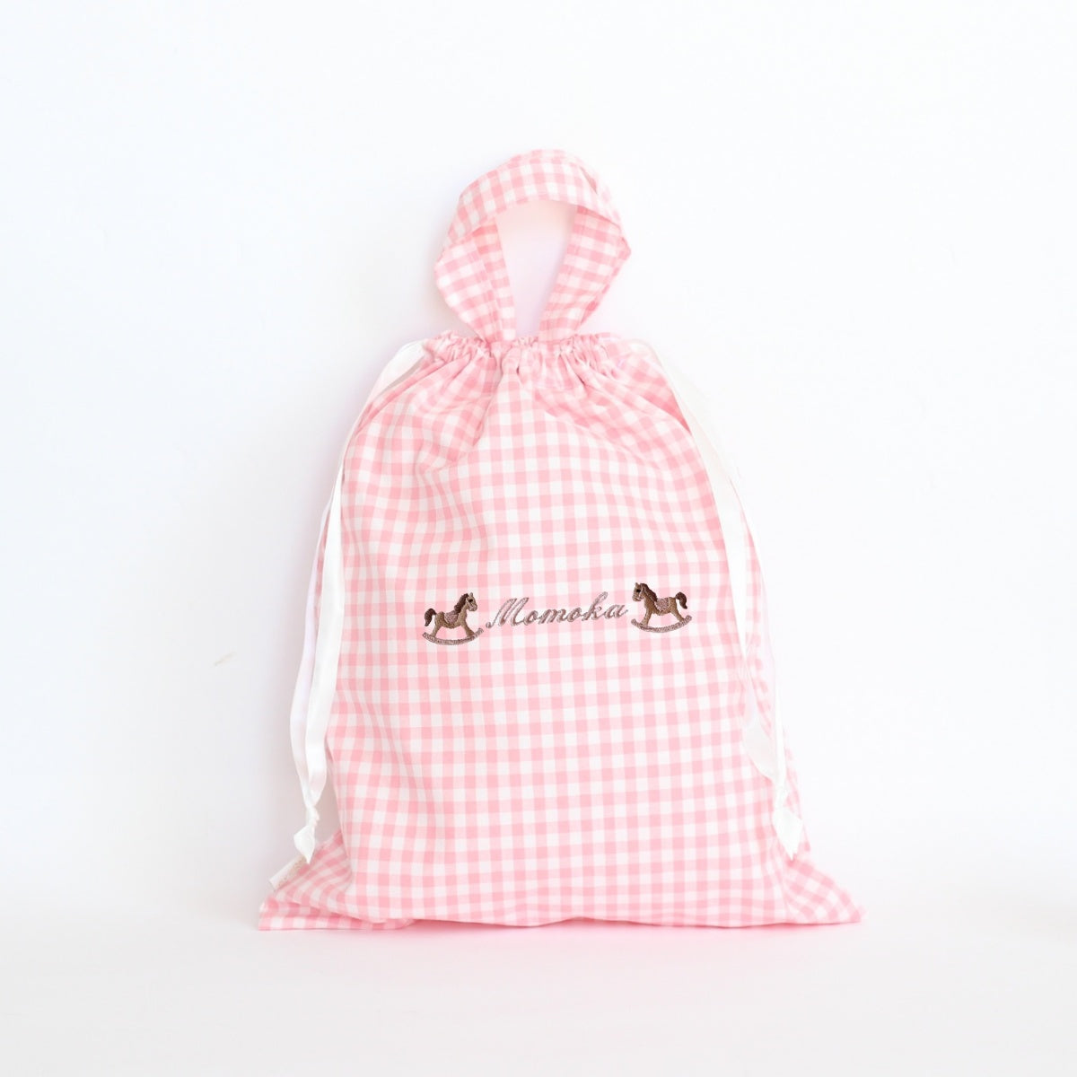 【選べるモチーフ＋名入れ刺繍】巾着L持ち手付きドローストリングバッグ（チェック柄ピンク）