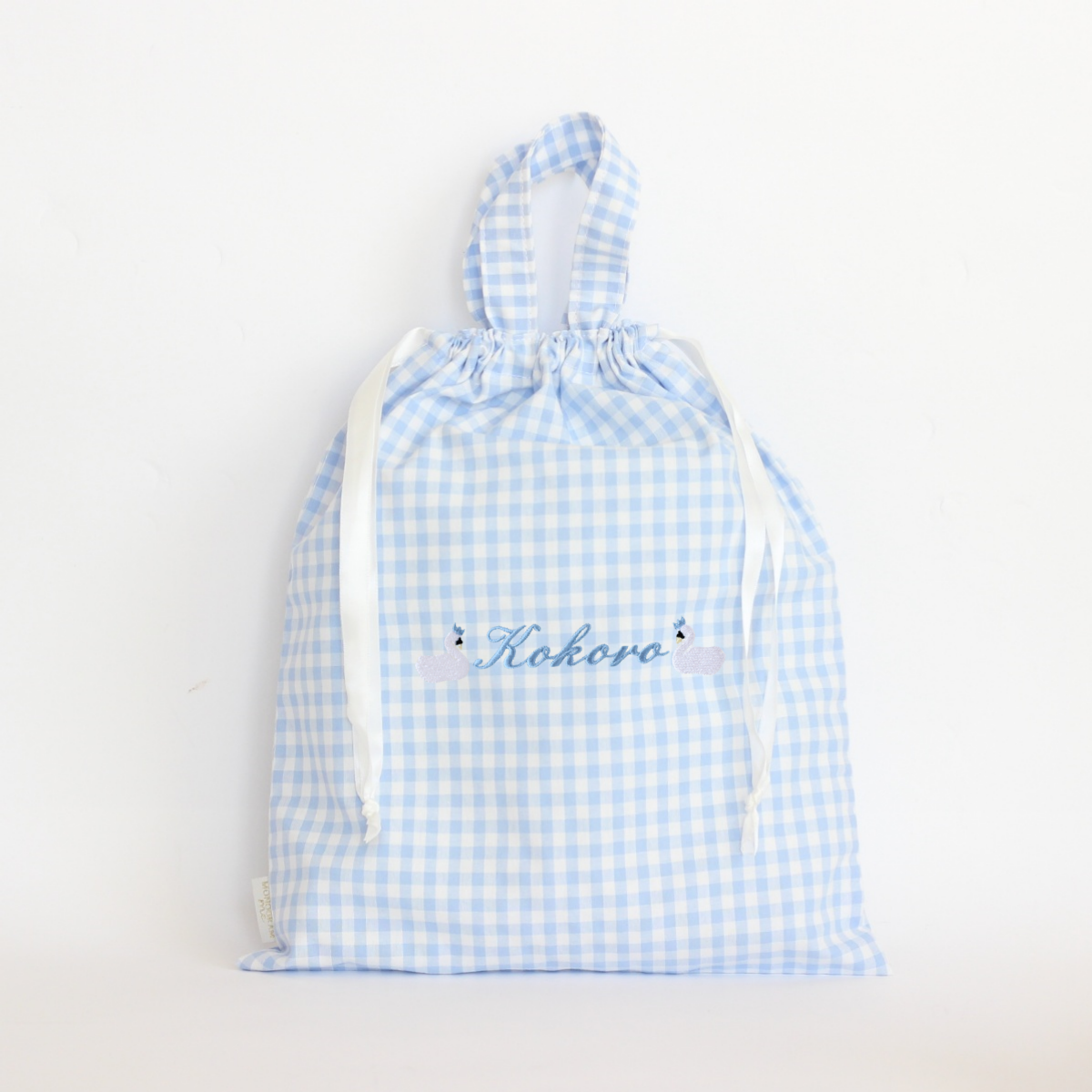 【選べるモチーフ＋名入れ刺繍】巾着L持ち手付きドローストリングバッグ（チェック柄ブルー）