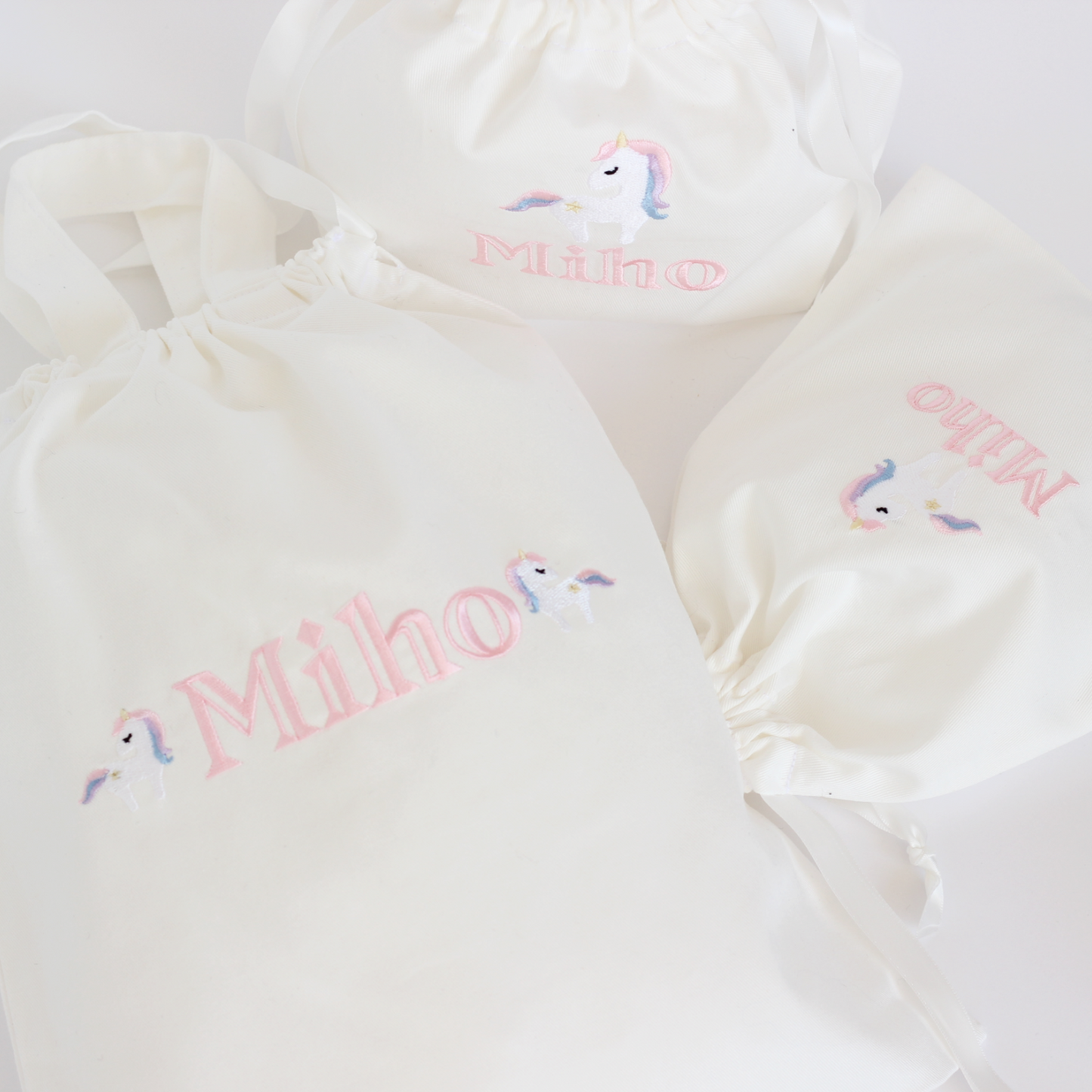 【ユニコーン+名入れ刺繍】巾着袋3種類セット（4色）
