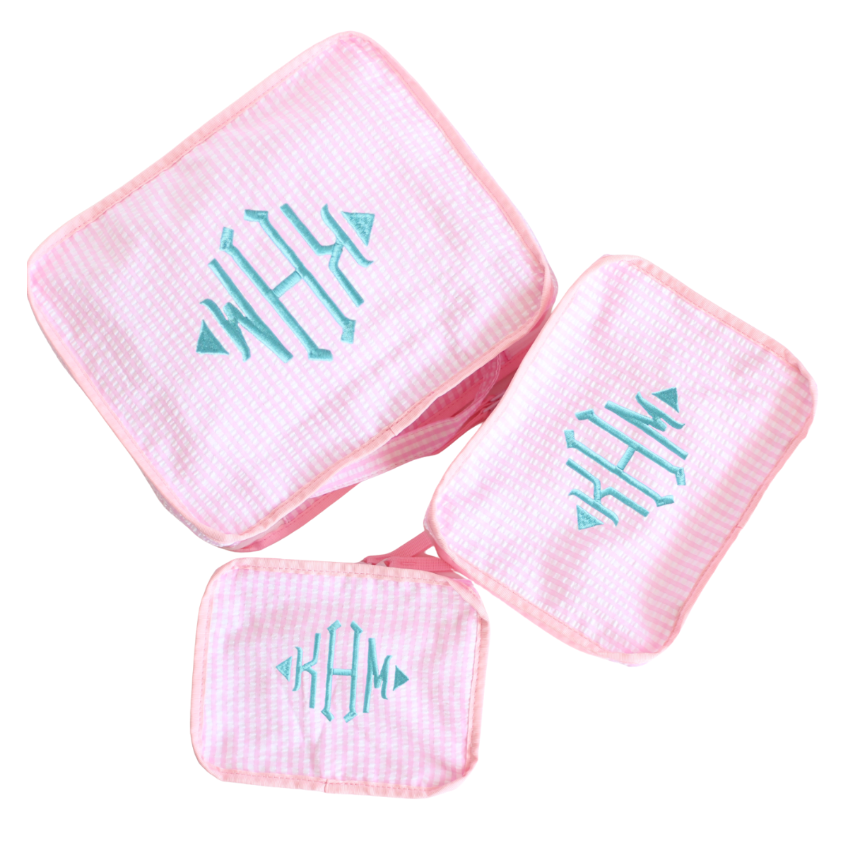 【選べるモノグラム】スタッキングポーチ３点セットPink Check Seersucker