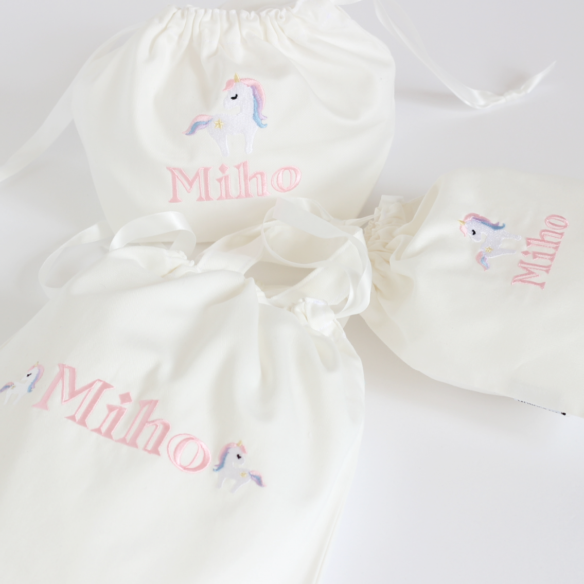 【ユニコーン+名入れ刺繍】巾着袋L持ち手付きドローストリングバッグ（4色）