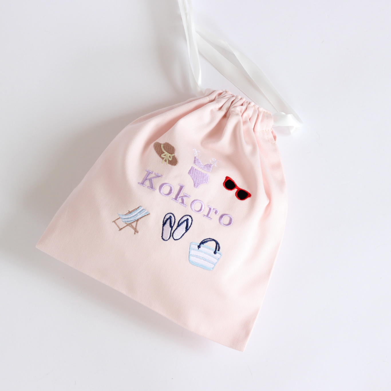 【Beachモチーフ+名入れ刺繍】巾着袋Sマチなし（4色）ドローストリングバッグ