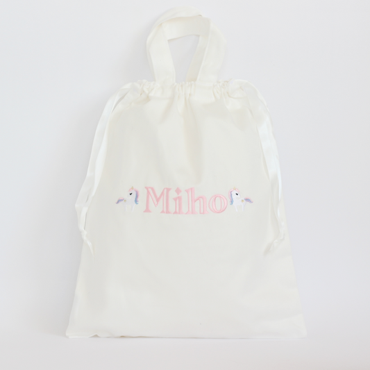 【ユニコーン+名入れ刺繍】巾着袋L持ち手付きドローストリングバッグ（4色）