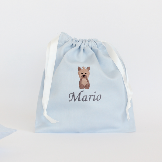 【ヨークシャテリア+名入れ刺繍】巾着袋Sマチなし巾着袋ドローストリングバッグ（４色）