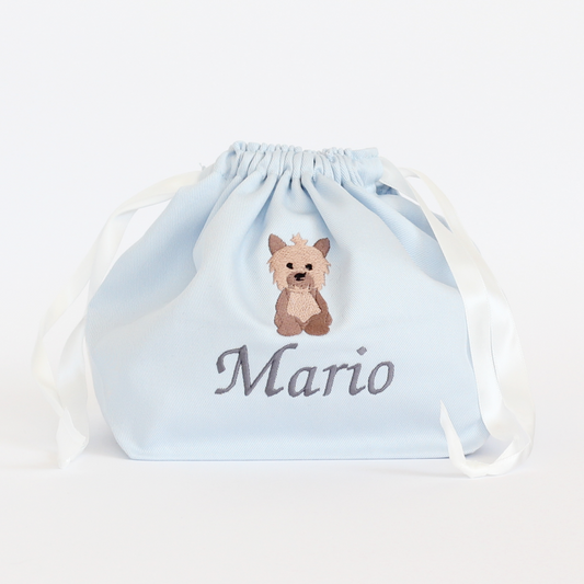 【ヨークシャテリア+名入れ刺繍】巾着袋Mマチ付きドローストリングバッグ（4色）