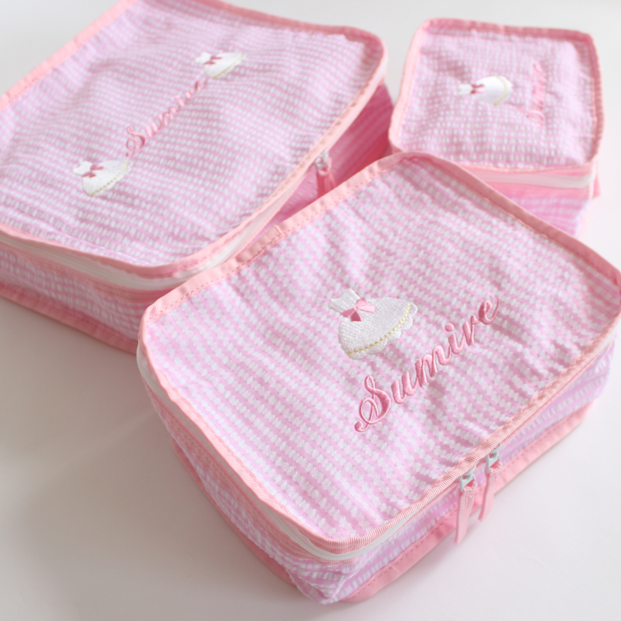 【選べるモチーフ】スタッキングポーチ３点セットPink Check Seersucker