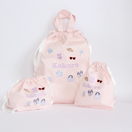 【Beachモチーフ+名入れ刺繍】巾着袋３点セット（4色）ドローストリングバッグ
