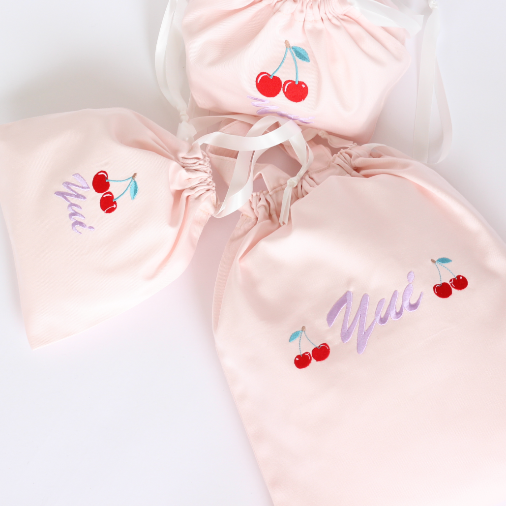 【チェリー🍒+名入れ刺繍】巾着袋3種類セット（4色）