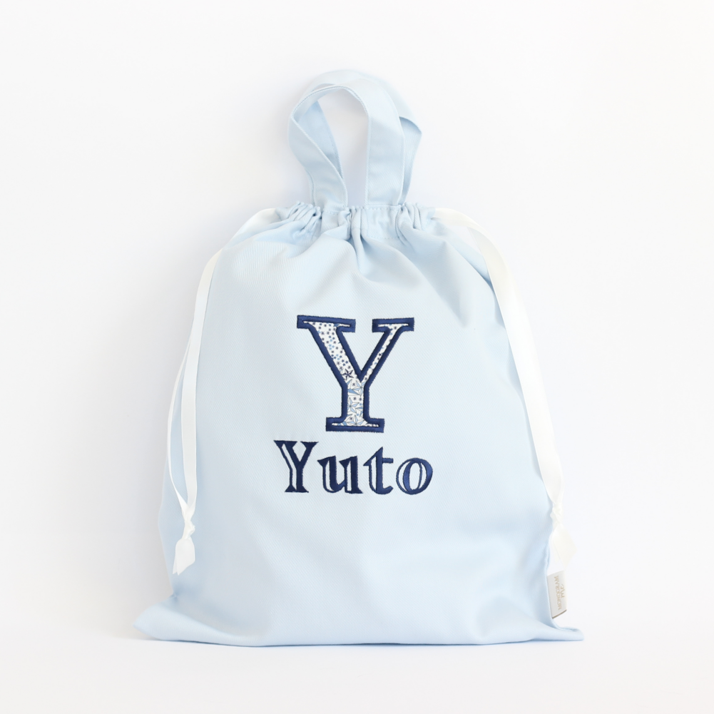 【リバティファブリックのアップリケ+名入れ刺繍】巾着袋L持ち手つき（4色）