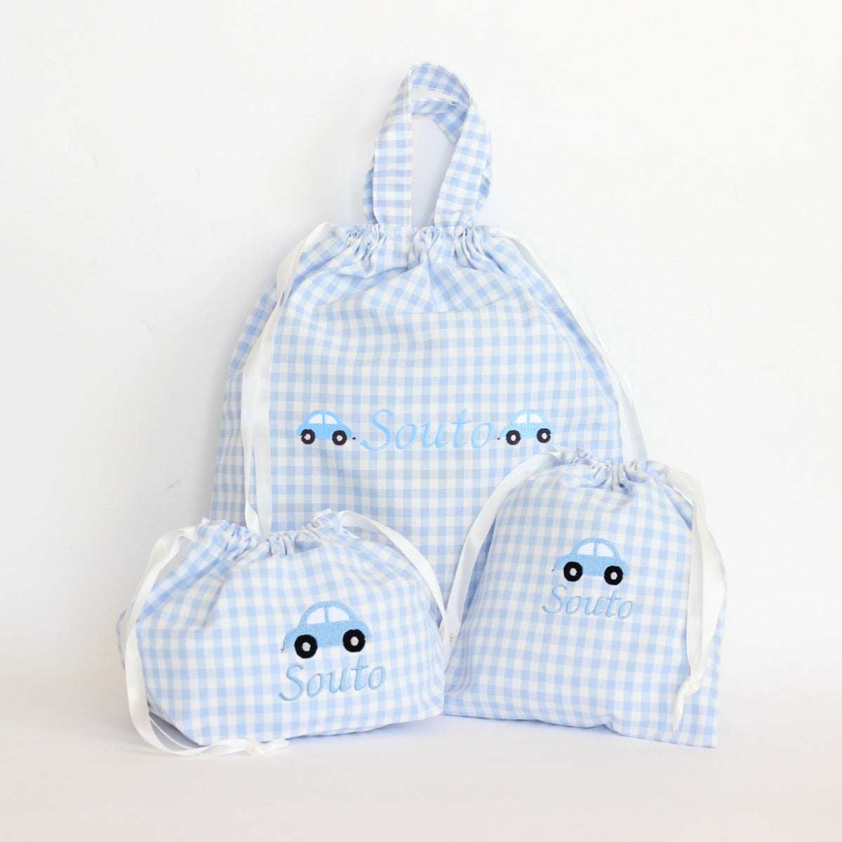 【選べるモチーフ＋名入れ刺繍】巾着袋3種類セット（チェック柄ブルー）