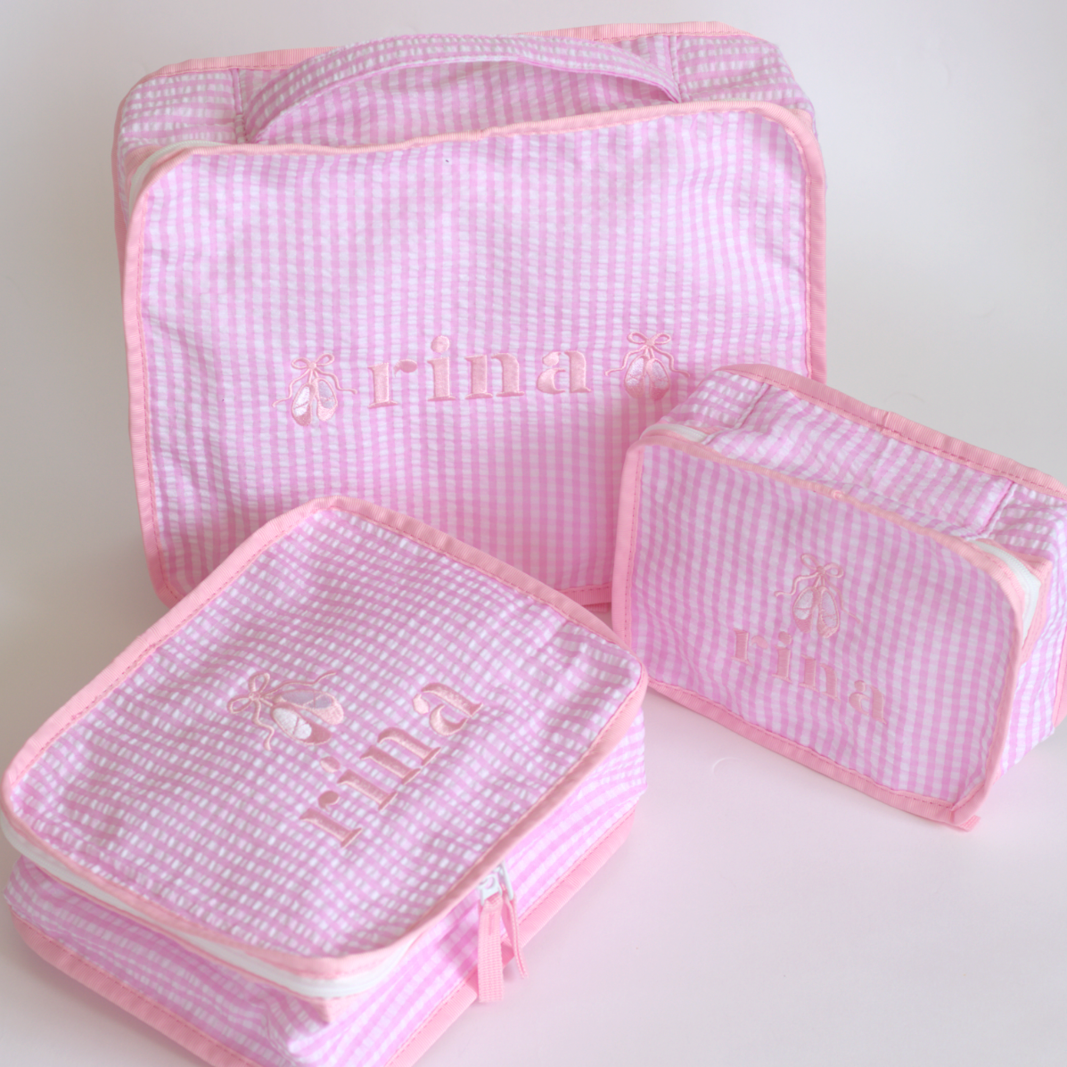 【選べるモチーフ】スタッキングポーチ３点セットPink Check Seersucker