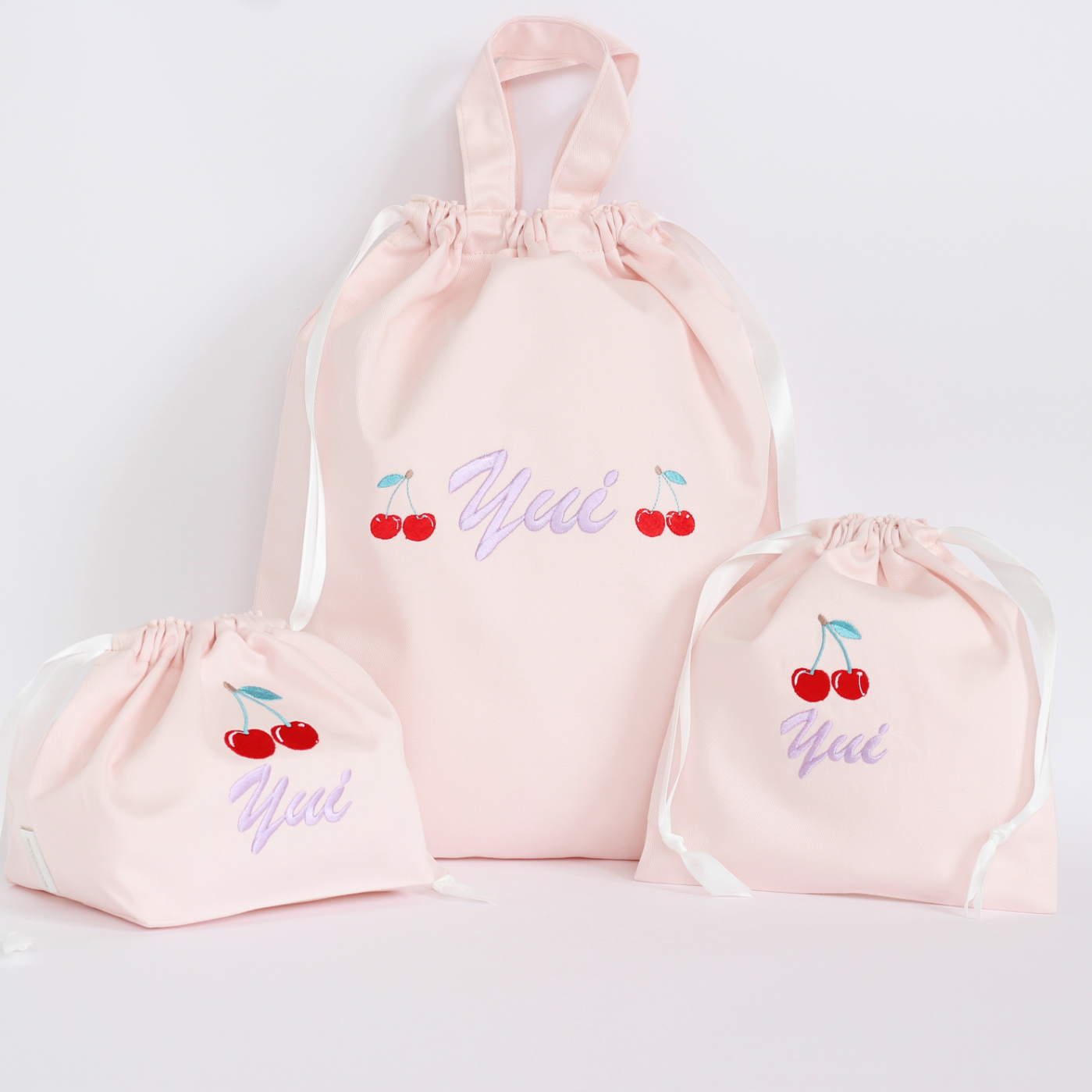 【チェリー🍒+名入れ刺繍】巾着袋3種類セット（4色）