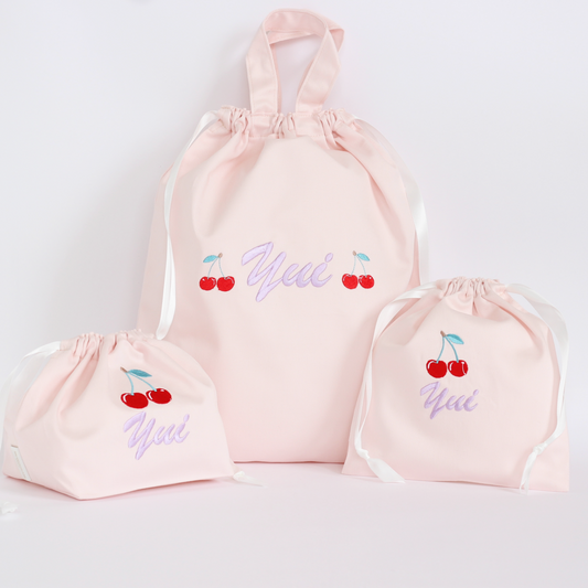 【チェリー🍒+名入れ刺繍】巾着袋3種類セット（4色）