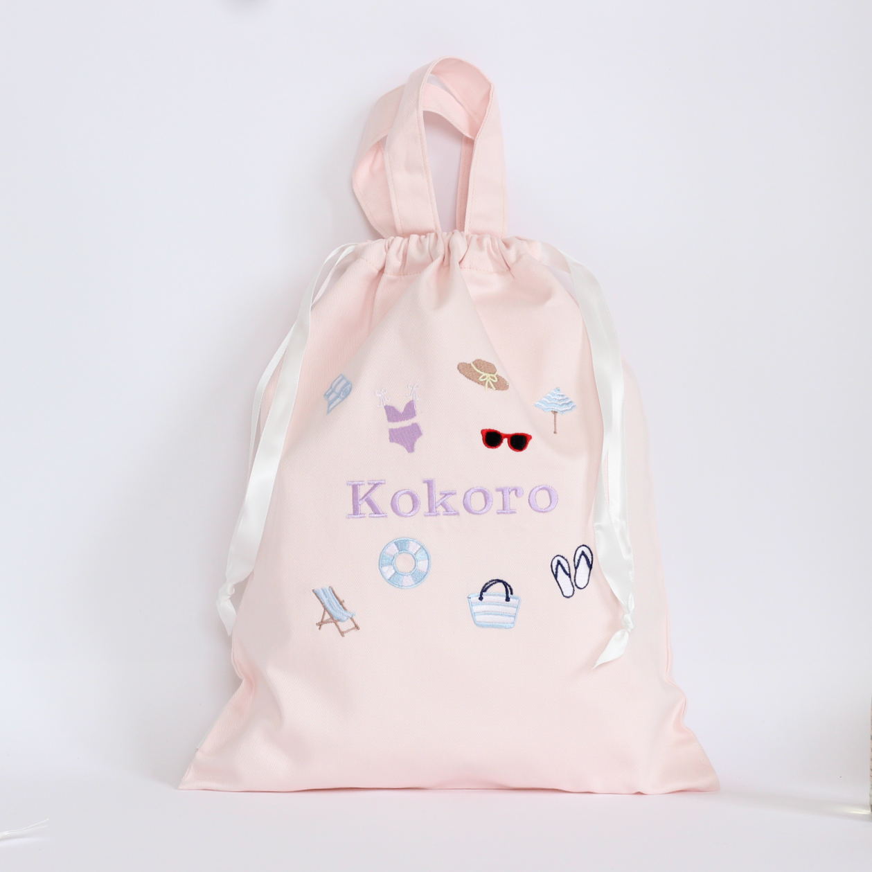 【Beachモチーフ+名入れ刺繍】巾着袋L持ち手付き（4色）ドローストリングバッグ