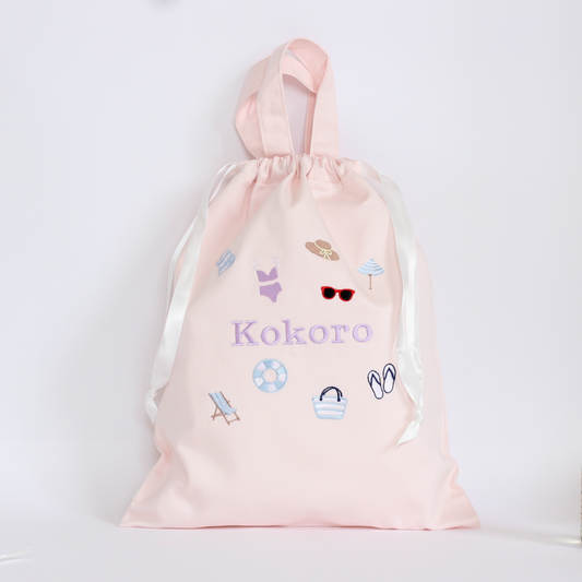 【Beachモチーフ+名入れ刺繍】巾着袋L持ち手付き（4色）ドローストリングバッグ