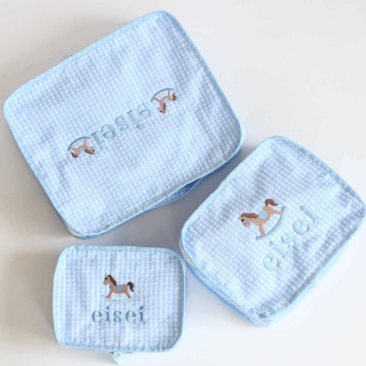 【選べるモチーフ】スタッキングポーチ３点セットBlue Check Seersucker
