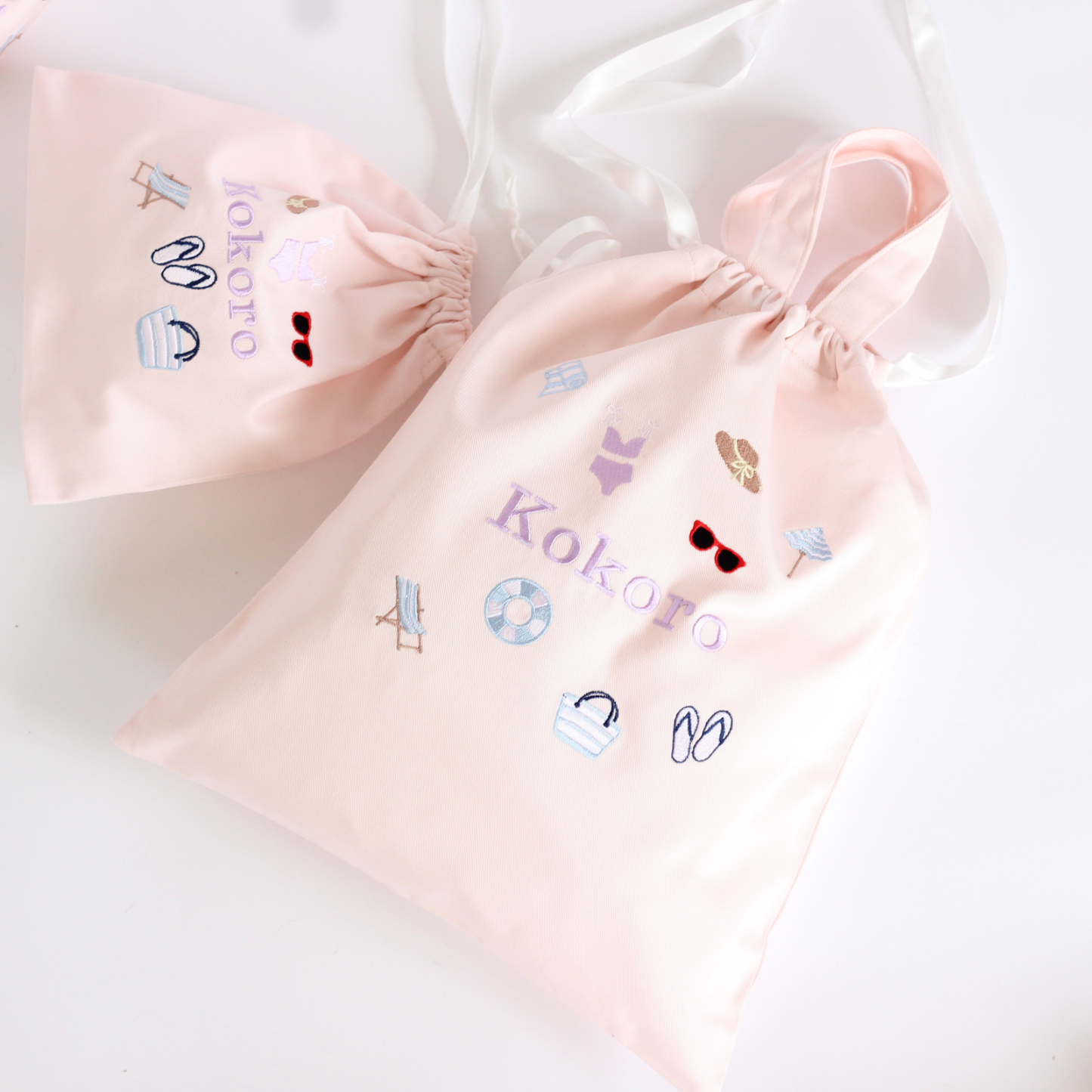 【Beachモチーフ+名入れ刺繍】巾着袋L持ち手付き（4色）ドローストリングバッグ