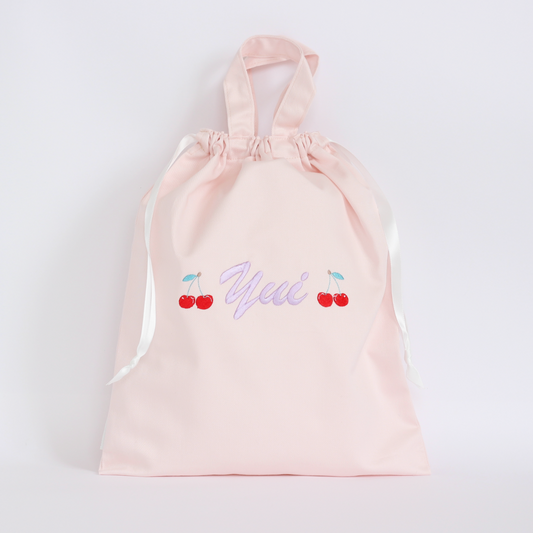 【チェリー🍒+名入れ刺繍】巾着袋L持ち手付きドローストリングバッグ（4色）