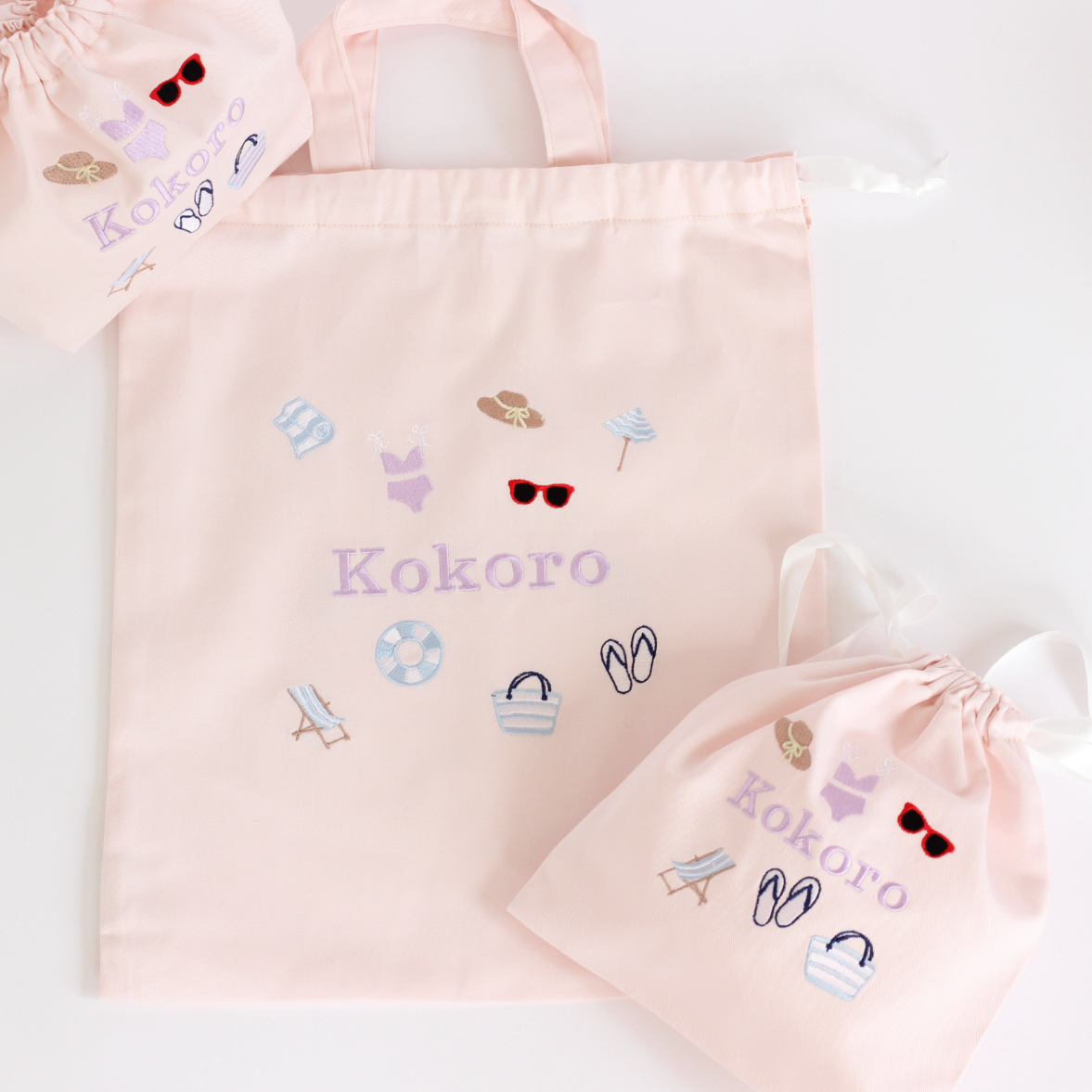 【Beachモチーフ+名入れ刺繍】巾着袋L持ち手付き（4色）ドローストリングバッグ