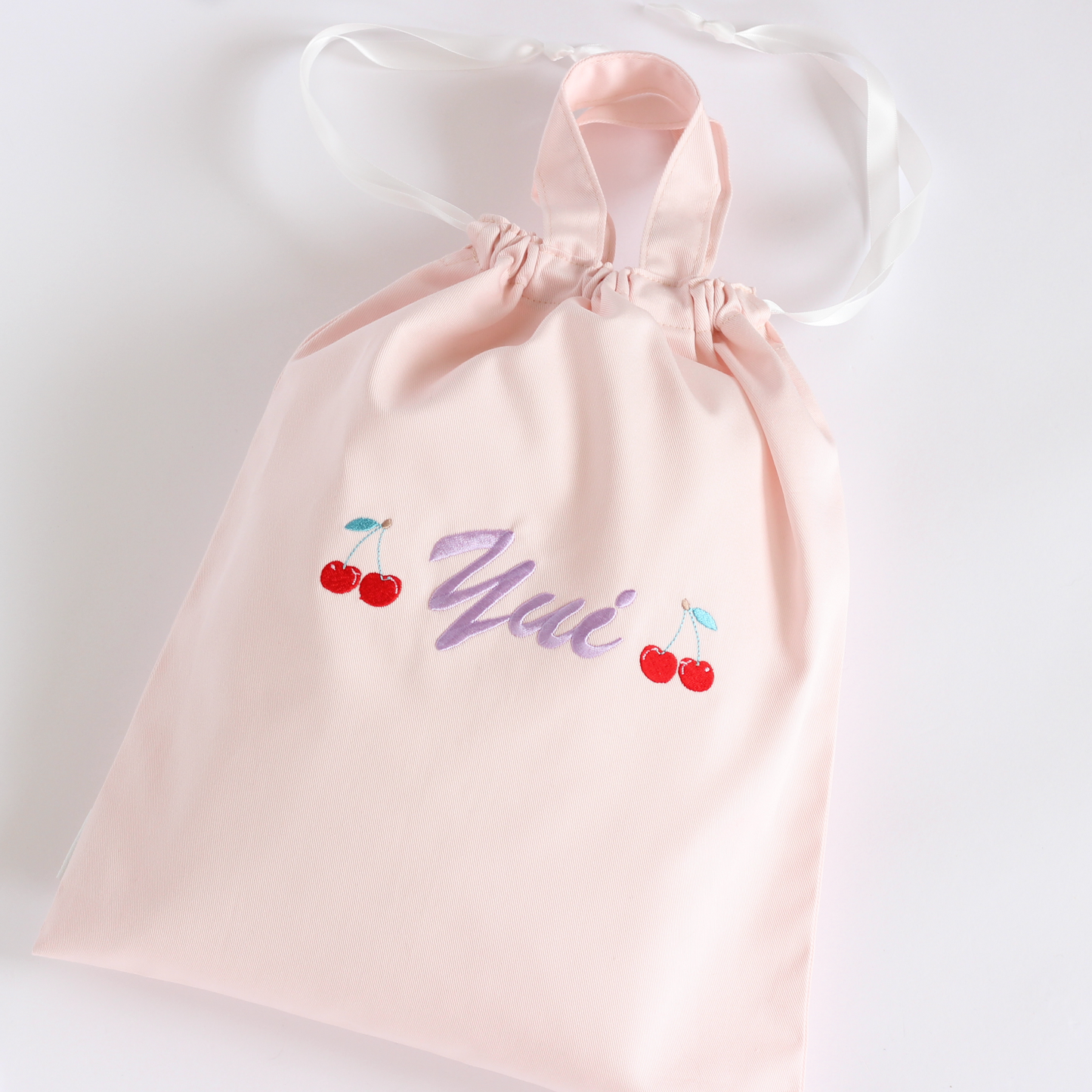 【チェリー🍒+名入れ刺繍】巾着袋L持ち手付きドローストリングバッグ（4色）