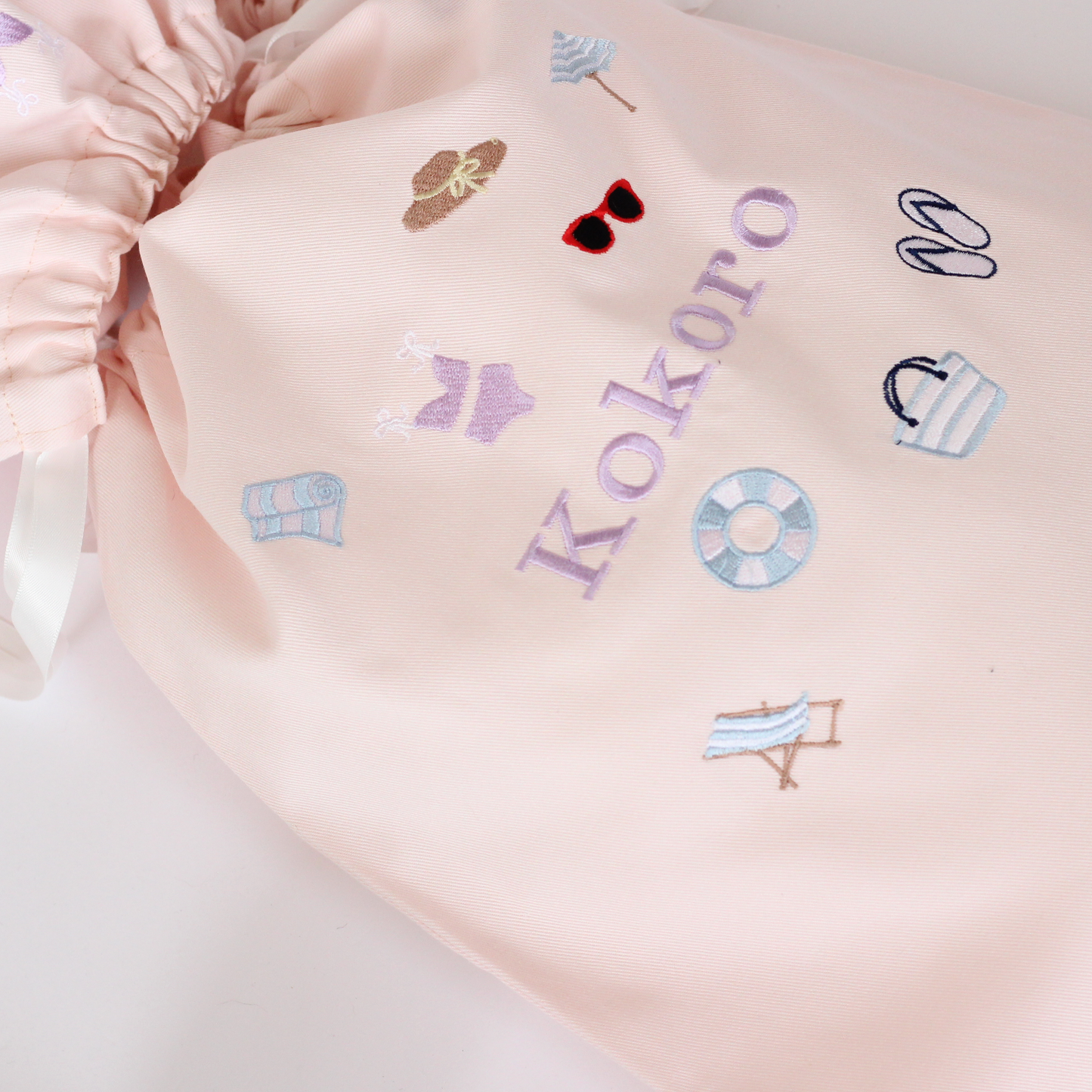 【Beachモチーフ+名入れ刺繍】巾着袋L持ち手付き（4色）ドローストリングバッグ