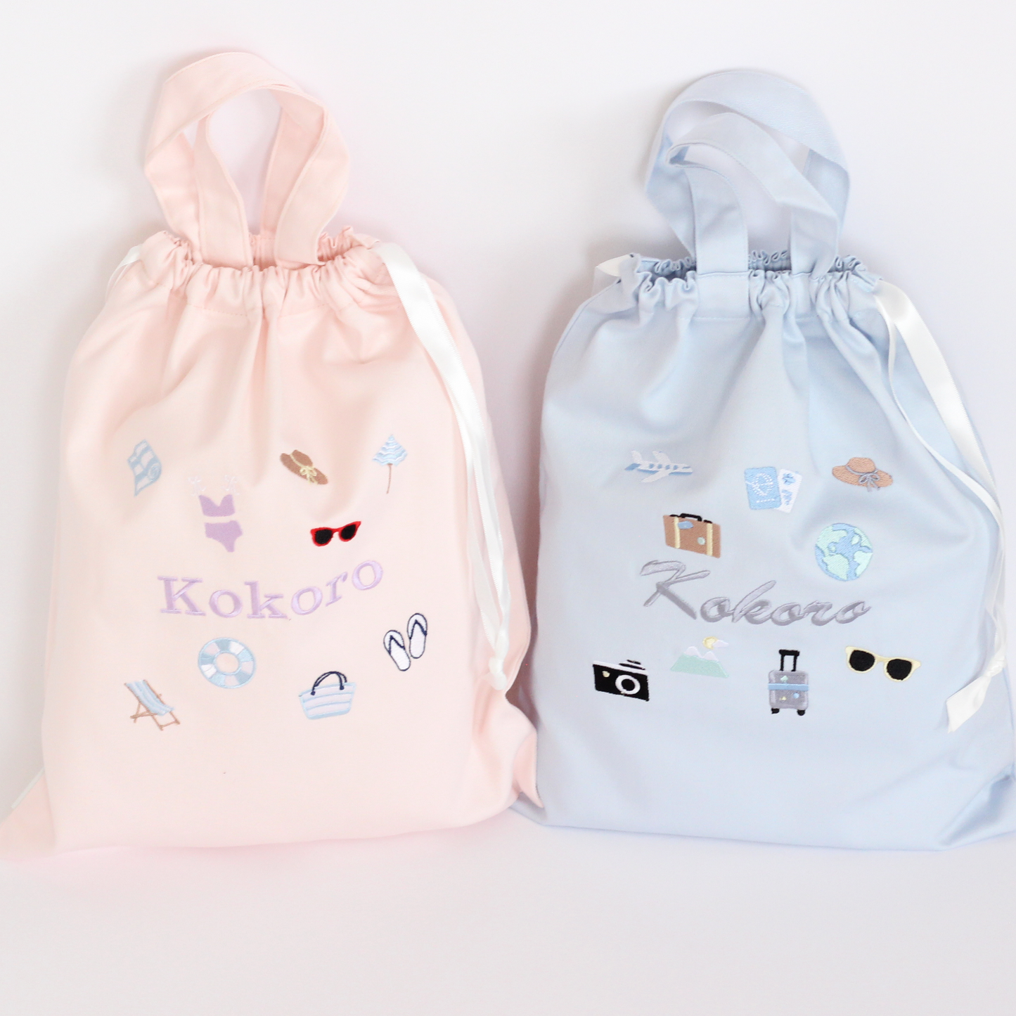 【Beachモチーフ+名入れ刺繍】巾着袋L持ち手付き（4色）ドローストリングバッグ