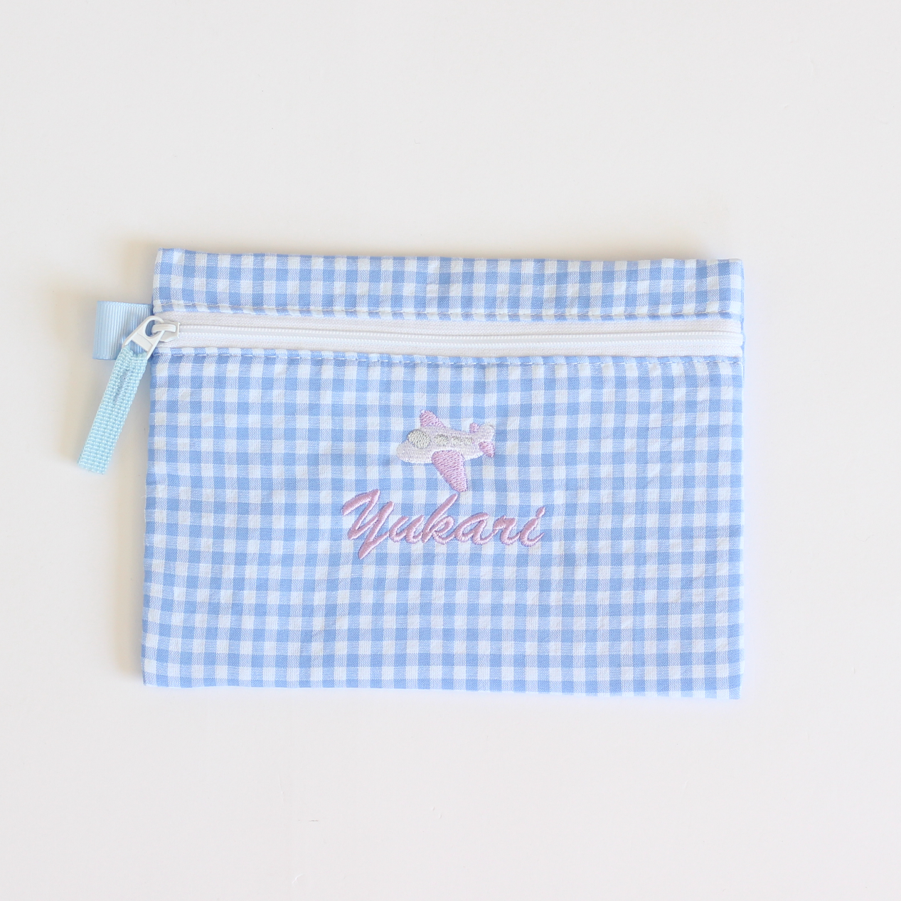 【選べるモチーフ+名入れ刺繍】フラットポーチblue gingham check