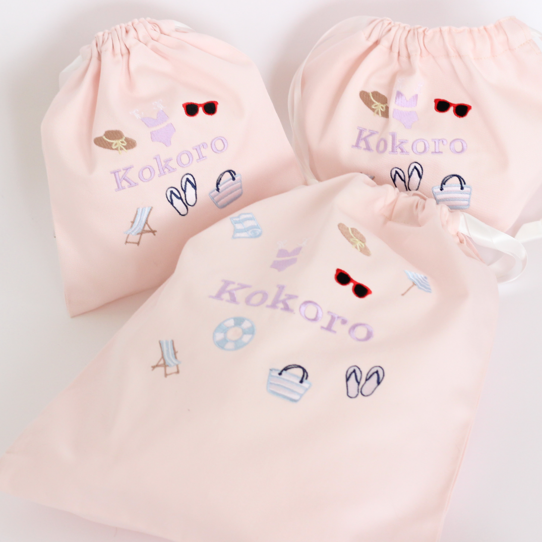 【Beachモチーフ+名入れ刺繍】巾着袋L持ち手付き（4色）ドローストリングバッグ