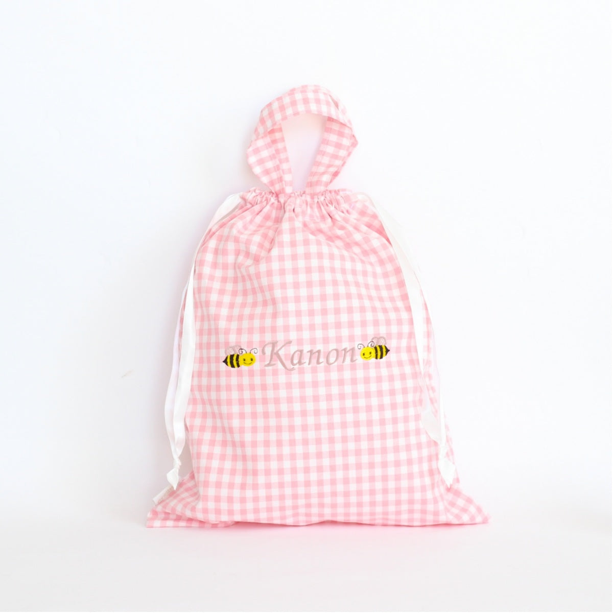 【選べるモチーフ＋名入れ刺繍】巾着L持ち手付きドローストリングバッグ（チェック柄ピンク）