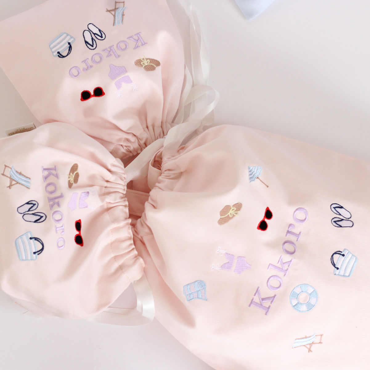 【Beachモチーフ+名入れ刺繍】巾着袋３点セット（4色）ドローストリングバッグ