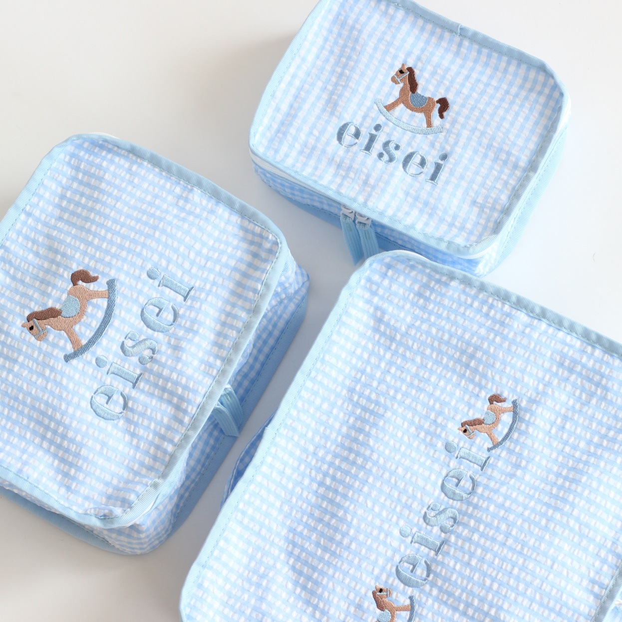 【選べるモチーフ】スタッキングポーチ３点セットBlue Check Seersucker