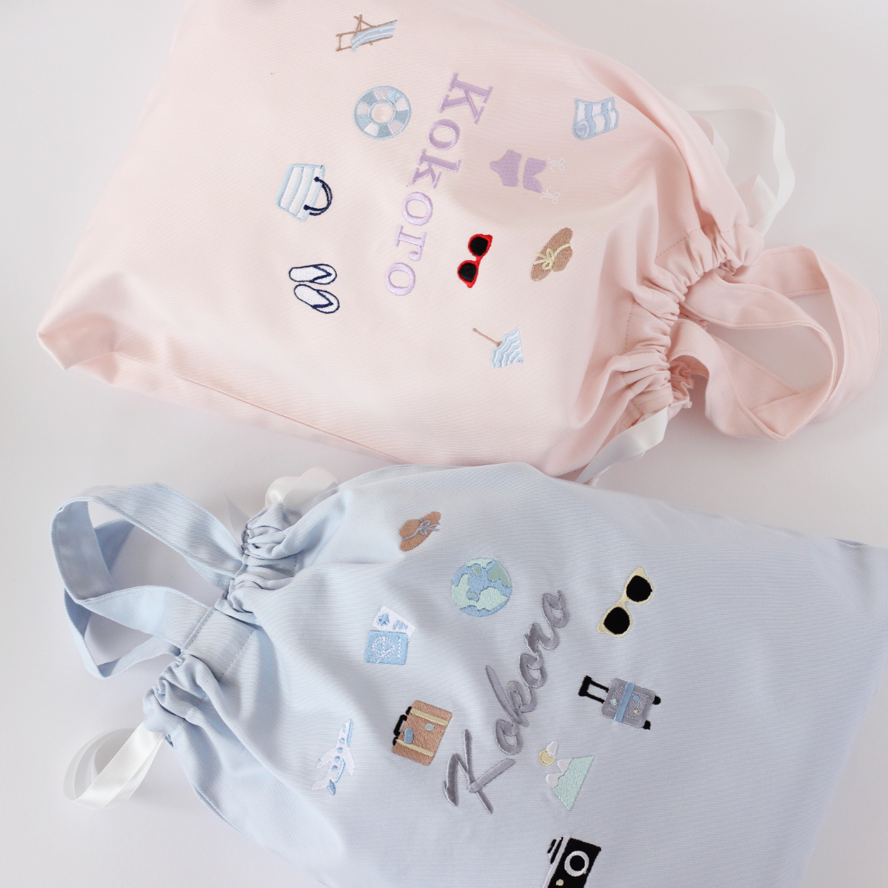 【Beachモチーフ+名入れ刺繍】巾着袋３点セット（4色）ドローストリングバッグ
