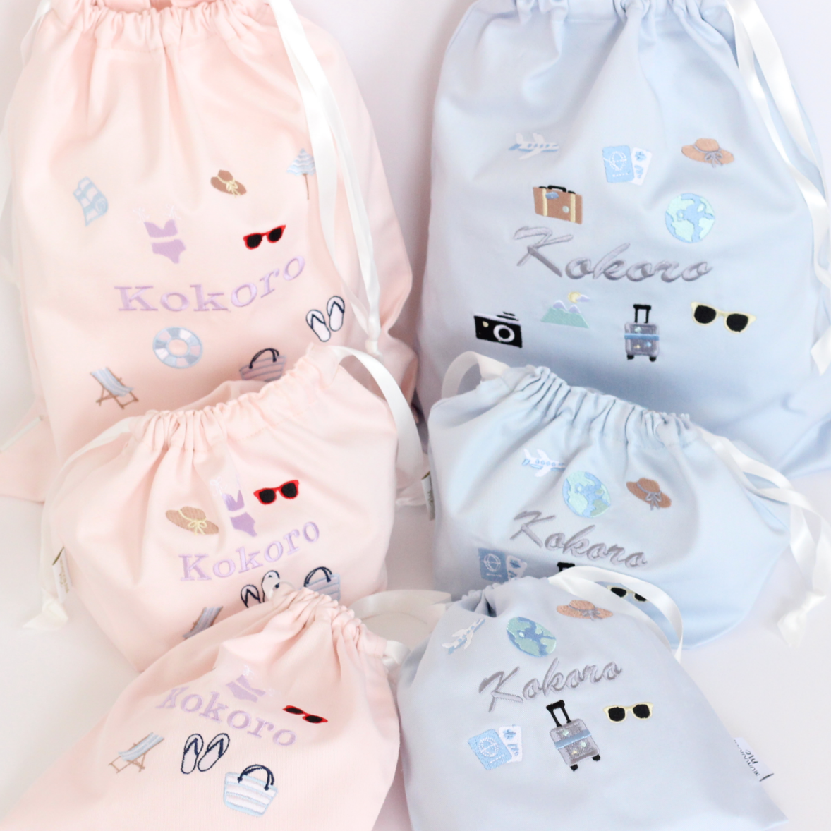 【Beachモチーフ+名入れ刺繍】巾着袋３点セット（4色）ドローストリングバッグ