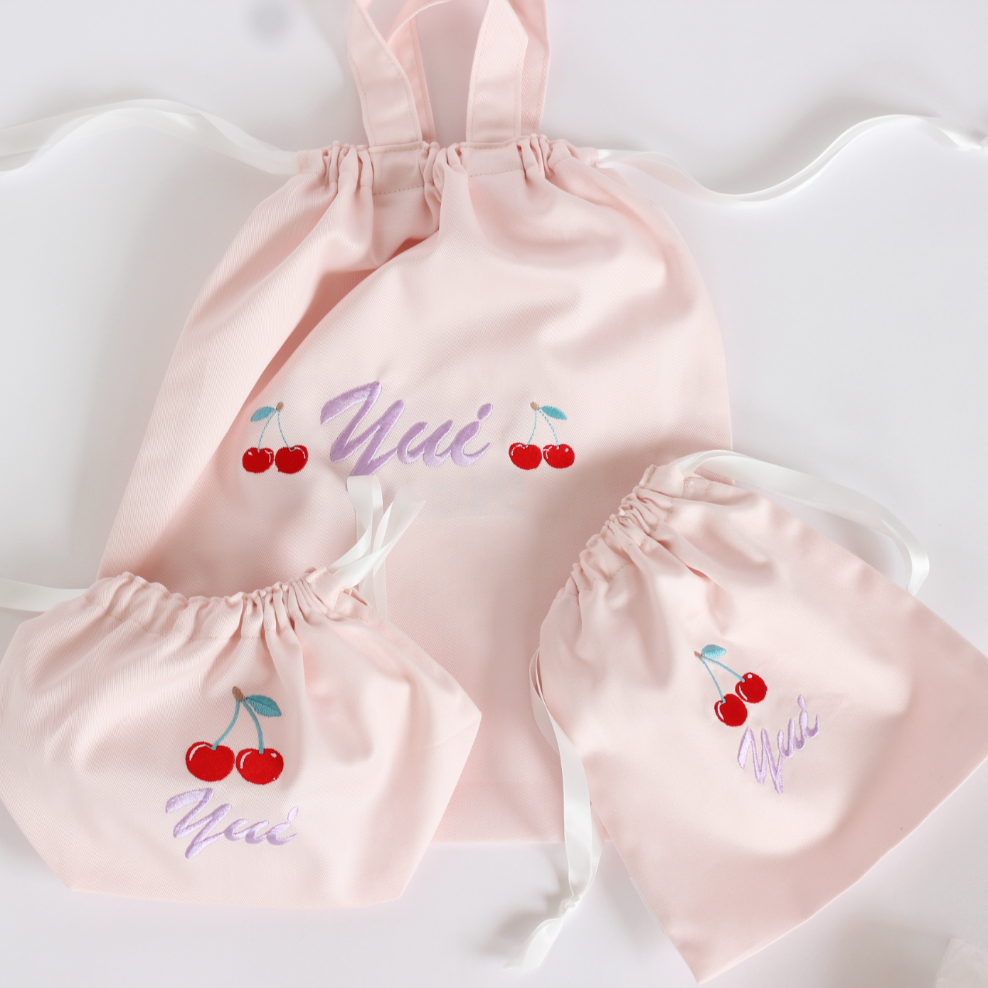 【チェリー🍒+名入れ刺繍】巾着袋3種類セット（4色）