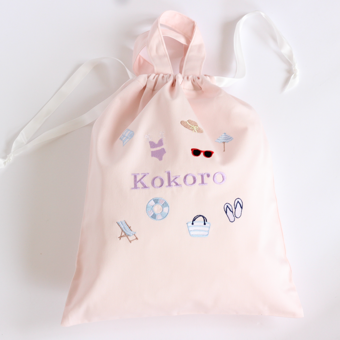 【Beachモチーフ+名入れ刺繍】巾着袋L持ち手付き（4色）ドローストリングバッグ