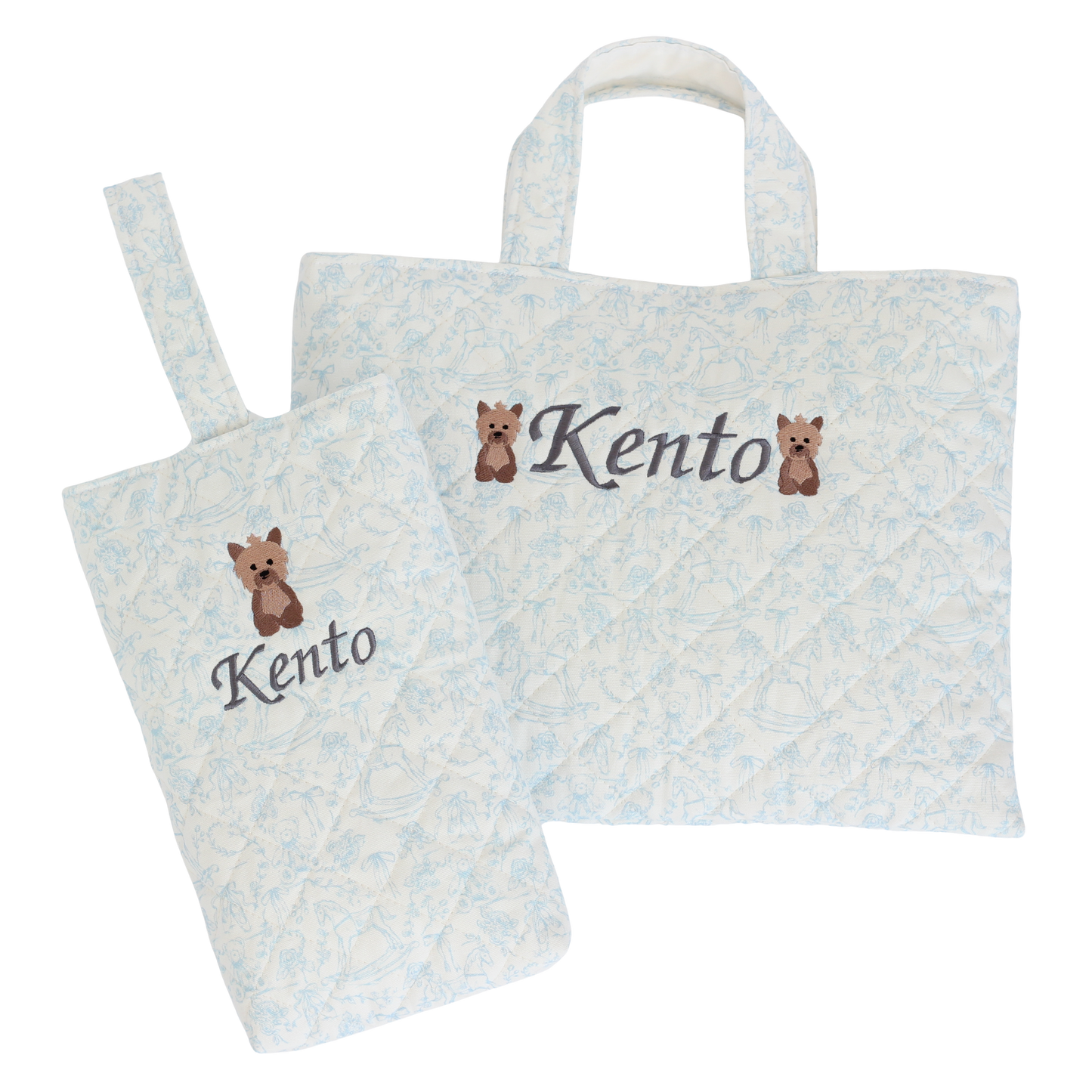【選べるモチーフ+名入れ刺繍】トワルドジュイ柄レッスンバッグ（絵本袋）シューズバッグ（靴袋）セット　パウダーブルー