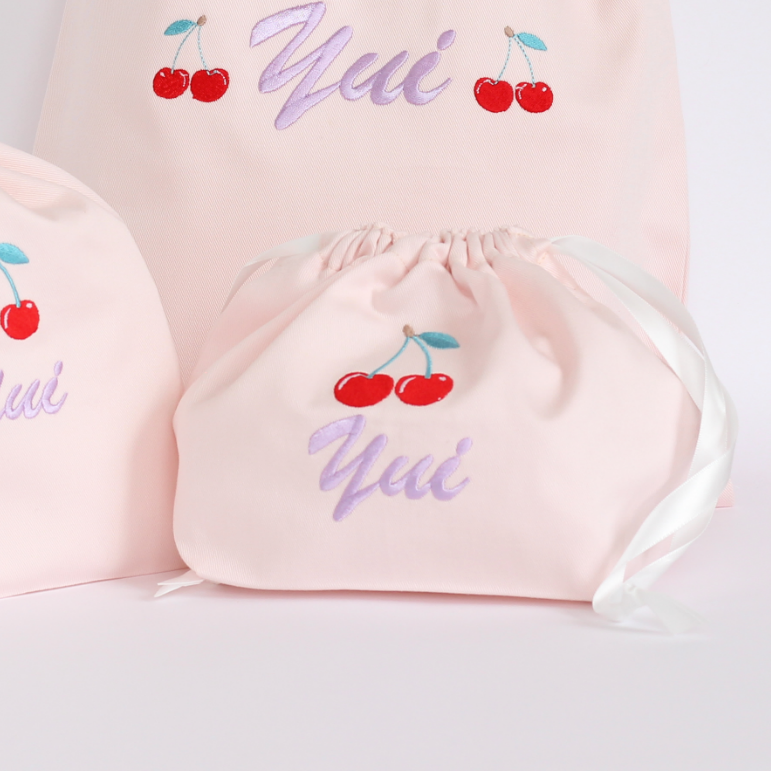 【チェリー🍒+名入れ刺繍】巾着袋3種類セット（4色）