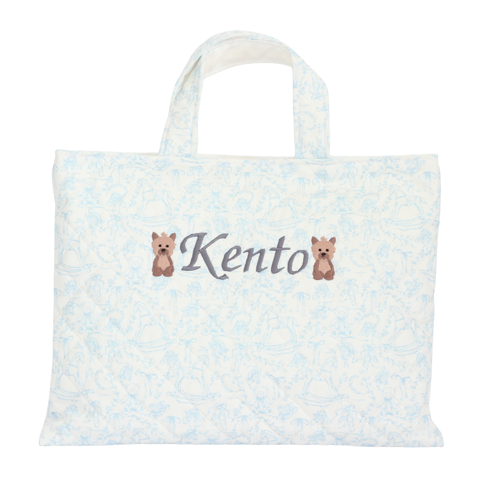 【選べるモチーフ+名入れ刺繍】トワルドジュイ柄レッスンバッグ（絵本袋）パウダーブルー