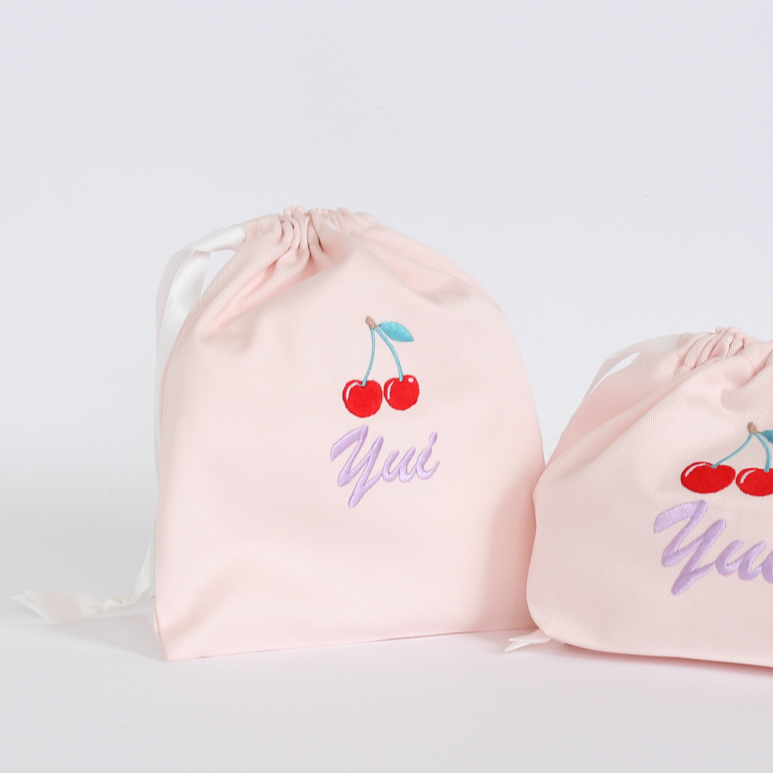 【チェリー🍒+名入れ刺繍】巾着袋3種類セット（4色）