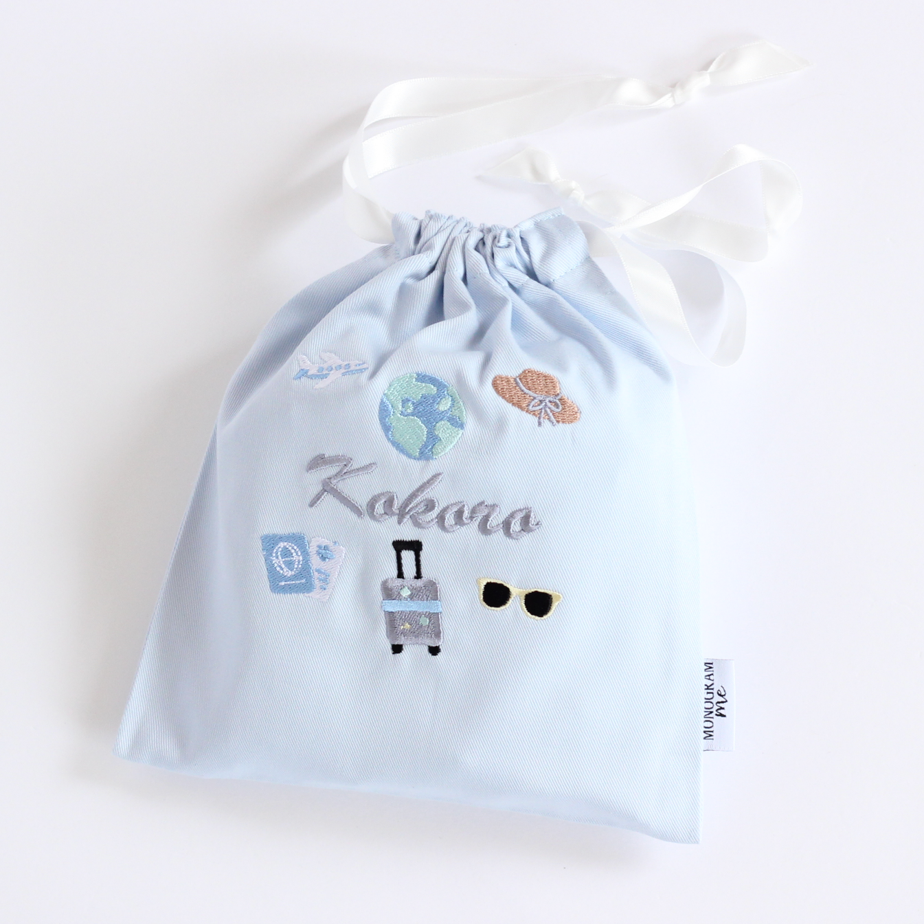 【Travelモチーフ+名入れ刺繍】巾着袋Sマチなし（4色）ドローストリングバッグ