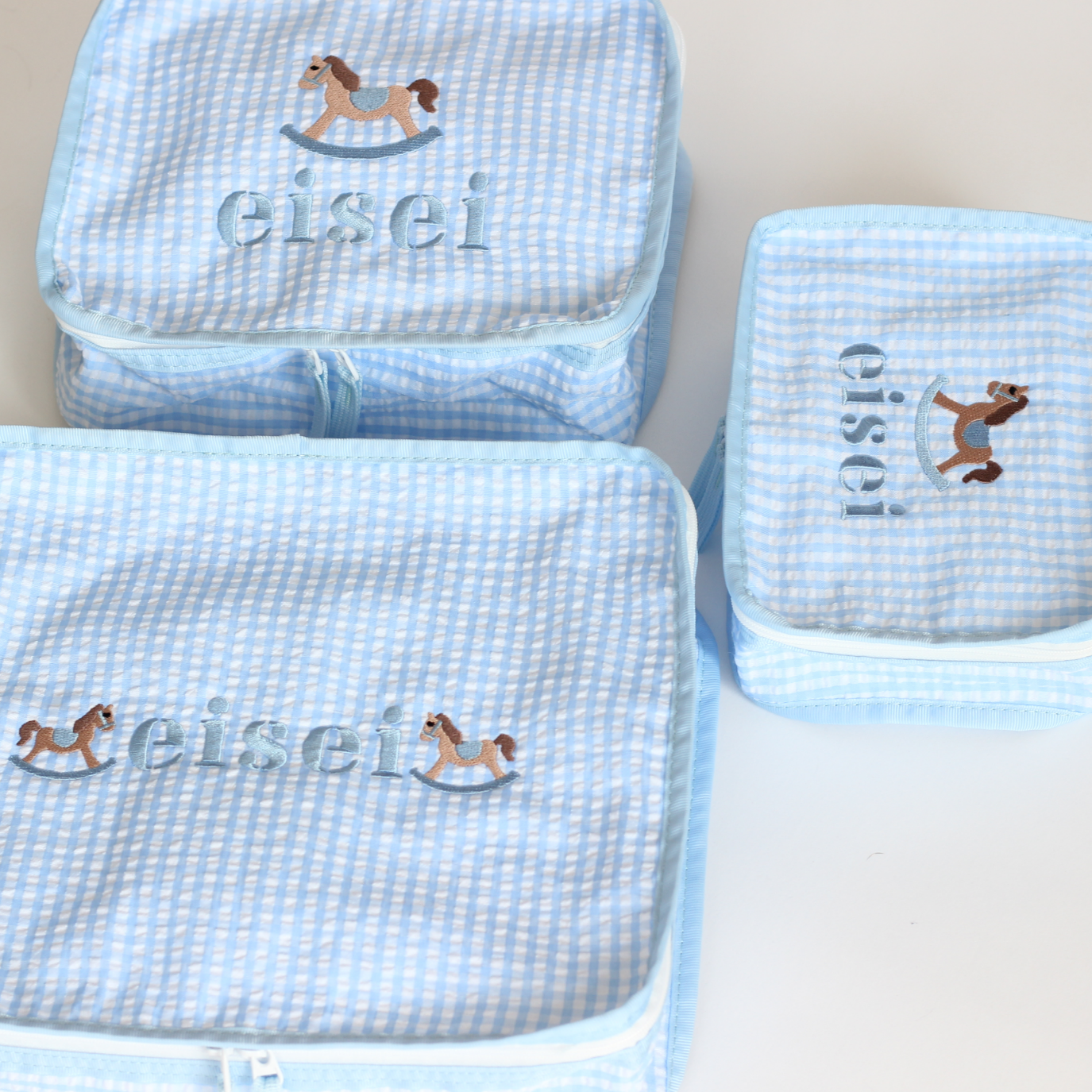 【選べるモチーフ】スタッキングポーチ３点セットBlue Check Seersucker