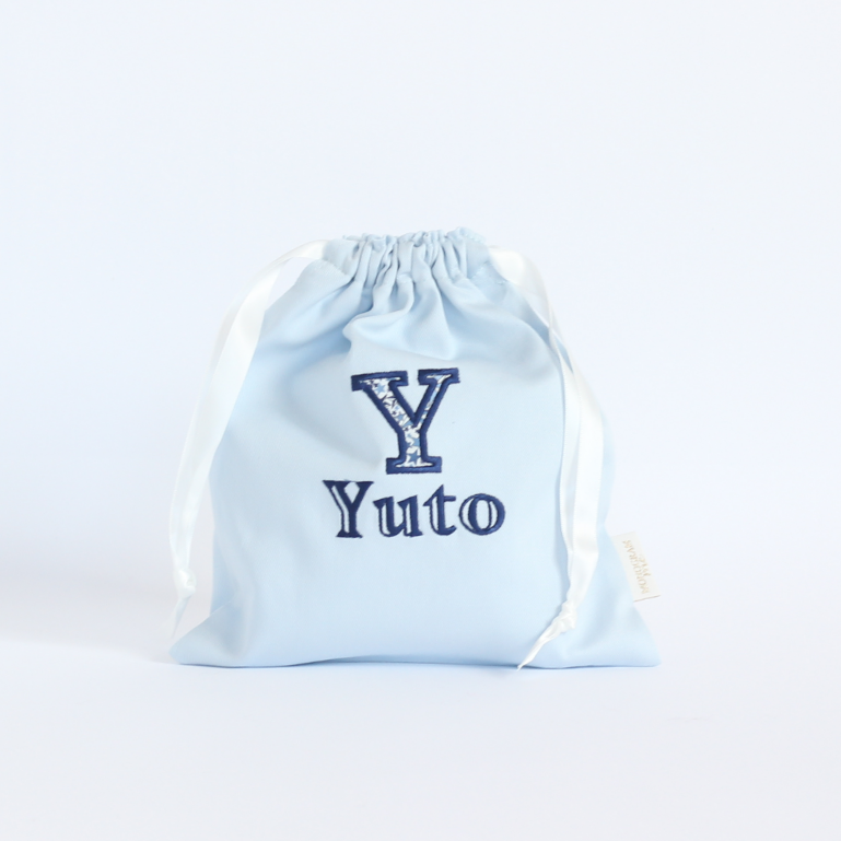 【リバティファブリックのアップリケ+名入れ刺繍】巾着袋Sマチなし（4色）