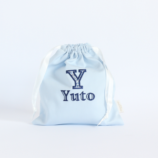 【リバティファブリックのアップリケ+名入れ刺繍】巾着袋Sマチなし（4色）